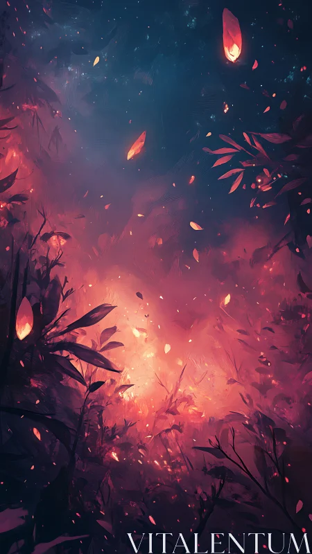 Bioluminescent nocturnal landscape with suspended luminous particles and flora silhouettes