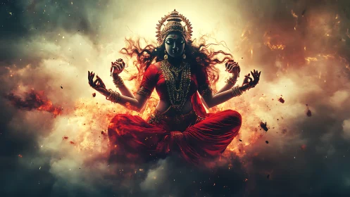 Multi-armed deity figure levitates within fire and smoke field