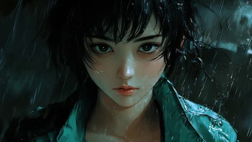 Quiet rainlit portrait of a girl with soulful green eyes.