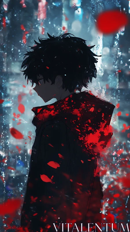 Quiet city dreamer in red petals and neon rain.