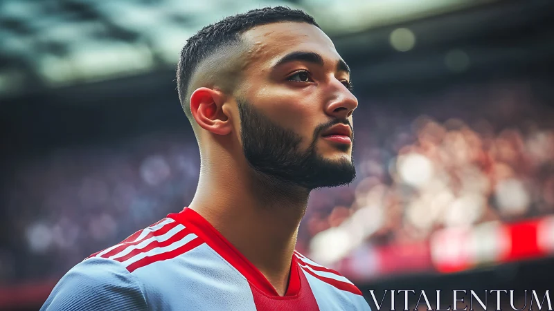 Focused football player portrait in sunlit stadium.