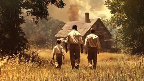 Three figures approach rural wooden house with smoke plume.