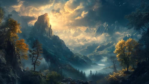 Volumetric dawn over glaciated alpine valley basin panorama.