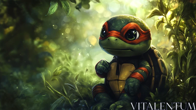 Gentle baby turtle hero resting in a glowing forest nook.