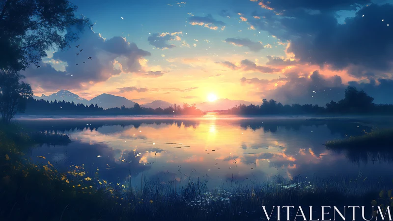 Sunrise over calm reflective lake with distant tree line.