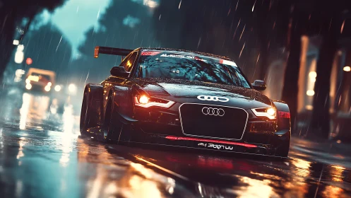 Photorealistic widebody race car on rain-soaked city street.