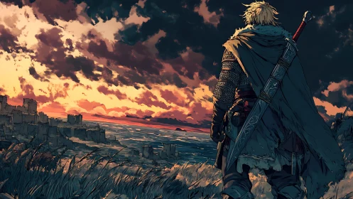 Cloaked warrior observes ruined coastal city at sunset
