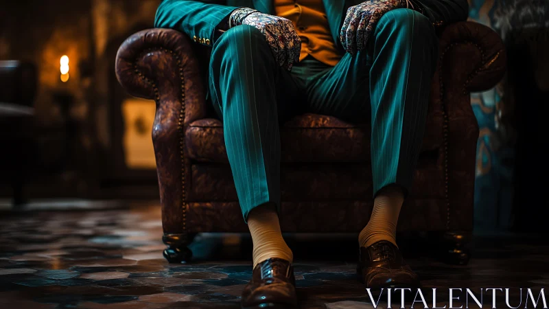 Low angle view isolates suited figure on leather armchair in moody interior