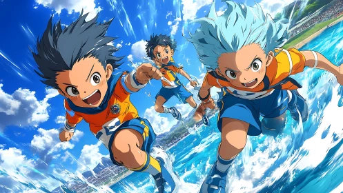 Dynamic anime soccer trio sprinting across vibrant shoreline