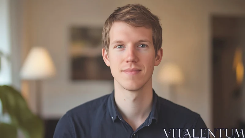 Soft lamplight frames a calm portrait in warm home tones