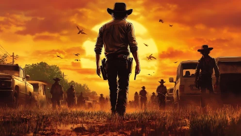 Lone gunslinger advances through cars under blazing sunset sky