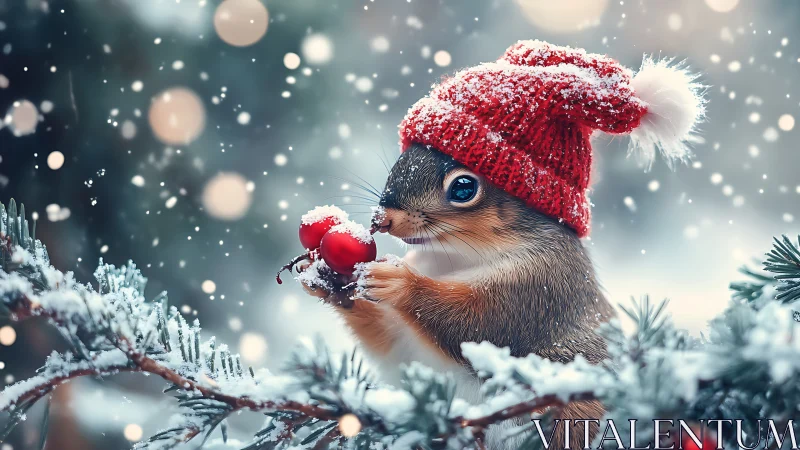 Red-hatted squirrel grips winter berries in gentle snowfall