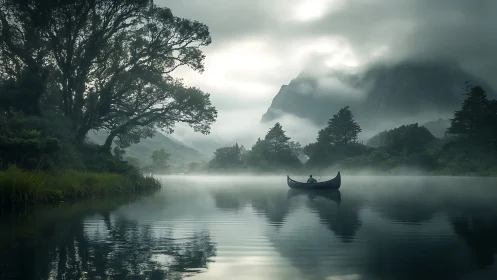 Solitary canoe drifts across a misty mountain lake at dawn.