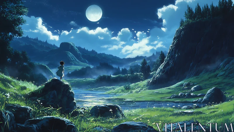 Nocturnal valley panorama with luminescent river reflections.