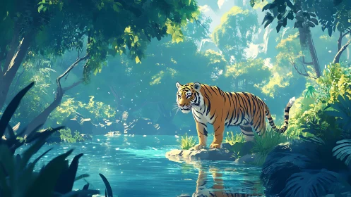 Tiger stands beside luminous jungle river under canopy
