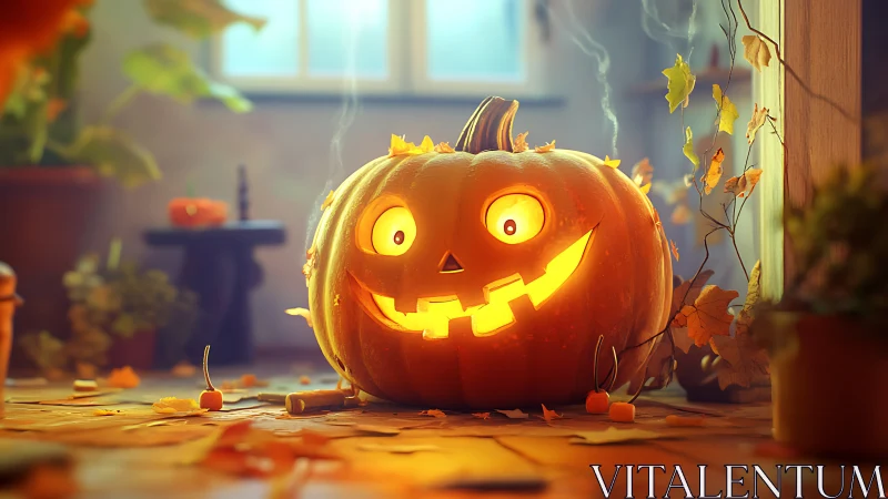 Whimsical jack-o&rsquo;-lantern interior scene, digital lighting study.