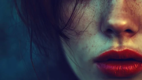 Whisper-close portrait of freckled skin and ember red lips.