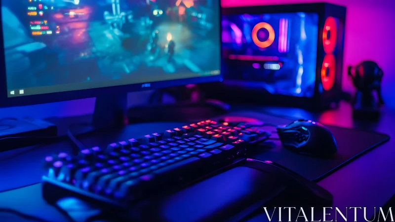 RGB gaming desktop setup glows in dark neon room