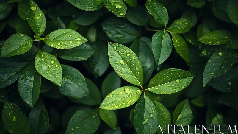 Green leaves with rain droplets in close natural focus.