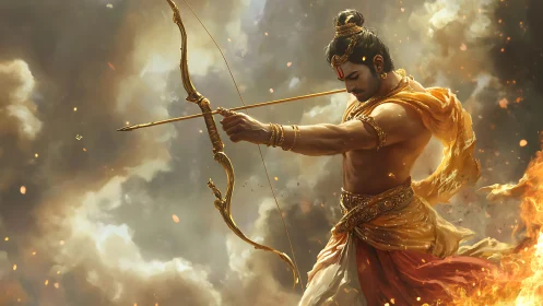 Radiant archer poised in swirling clouds and golden fire.