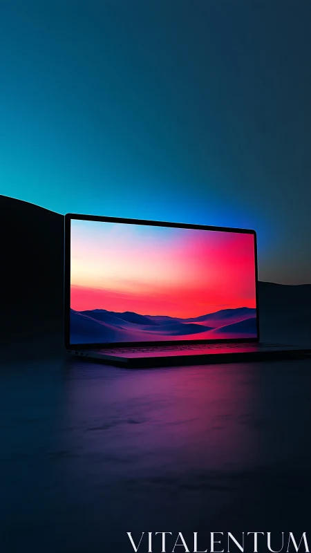 Ultrawide laptop display with neon sunset gradient lighting