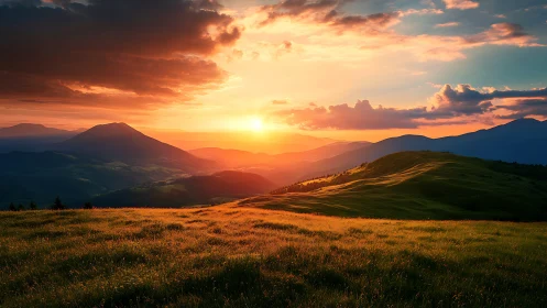 Sunlit mountain meadow glows under a dramatic sunset sky.