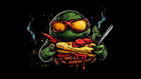 Cartoon turtle in goggles holds dripping sandwich with neon accents