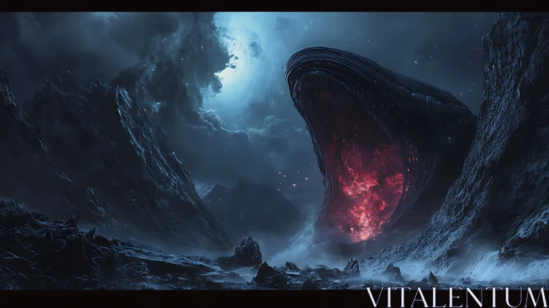 Colossal alien maw glows over storm-lashed abyssal valley.