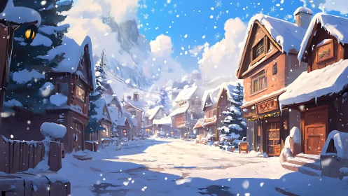 Snow covered alpine village street under bright winter sun