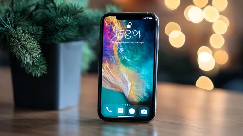 Modern Smartphone Displaying Vibrant Wallpaper with Desktop Setup.