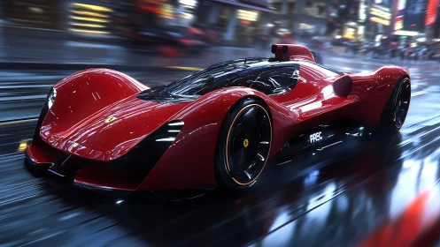 Sleek red hypercar glides through a neon city street at speed