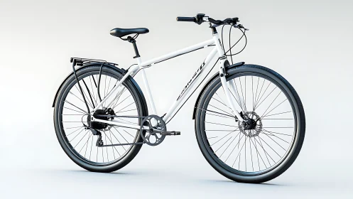 White Hybrid Bicycle with Disc Brakes and Integrated Rack.