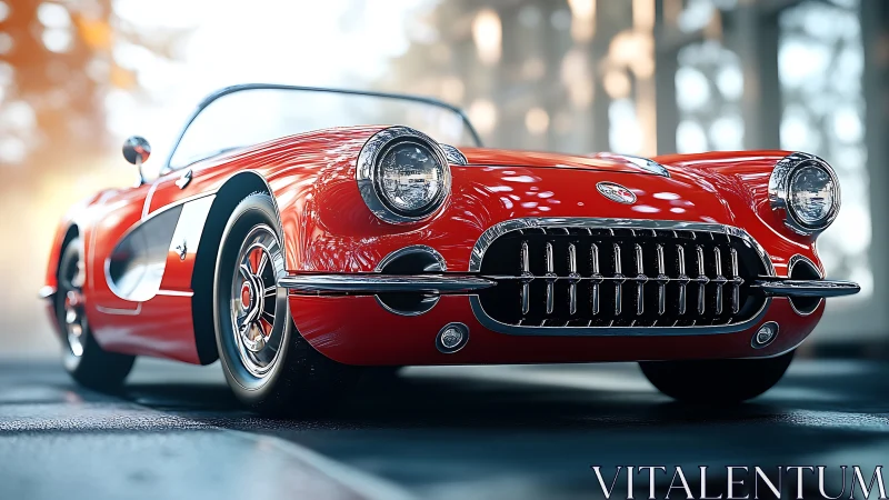 Red classic convertible car in low front perspective view.