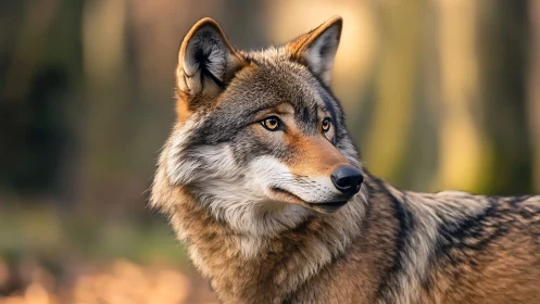 Golden-hour forest wolf portrait with focused gaze.