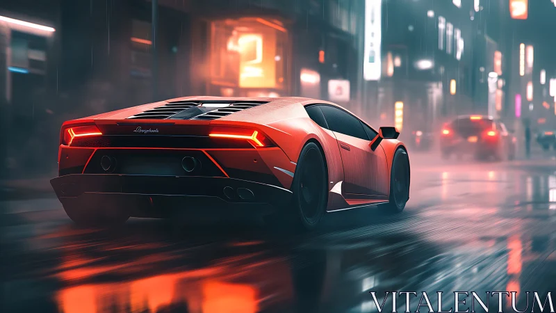 Red supercar racing through neon city streets at night.