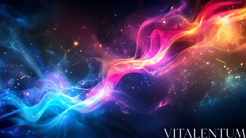 Digital painting of luminous spectral waves in deep space field.