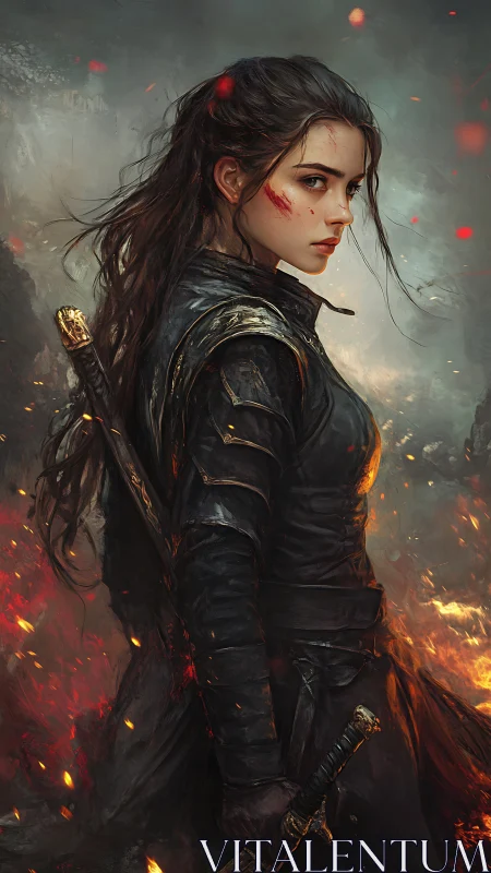 Digital painting of battle-scarred warrior in ember-lit armor.