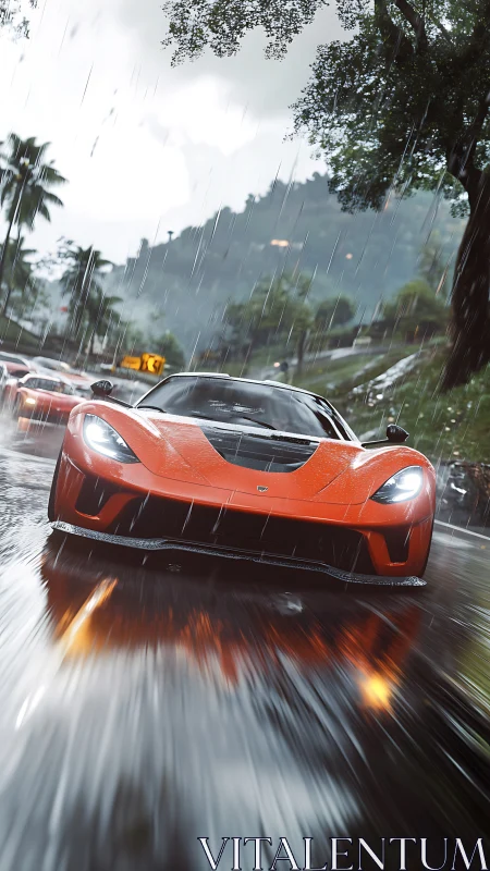 Orange supercar races through wet mountain road in rainstorm.