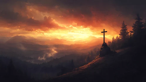 Solitary hilltop cross watching over a blazing valley dawn.