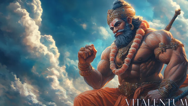 Mythic warrior deity seated amid dramatic sunlit clouds