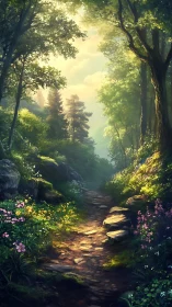 Enchanted Forest Path Bathed in Golden Sunlight Through Ancient Trees