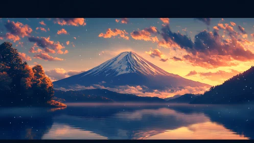 Snow-capped volcanic mountain over lake at sunset horizon.