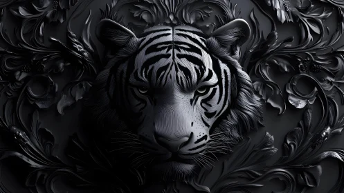 Majestic Tiger in Ornate Black Floral Art, Dramatic Digital Style.