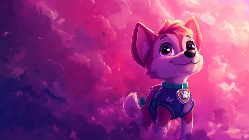 Brave cartoon puppy glowing in dreamy pink clouds at dusk.