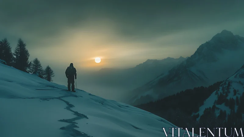 Solitary mountaineer observes misted alpine sunset in winter