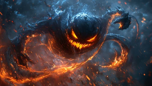 Infernal smoke wraith with molten core in storming void.