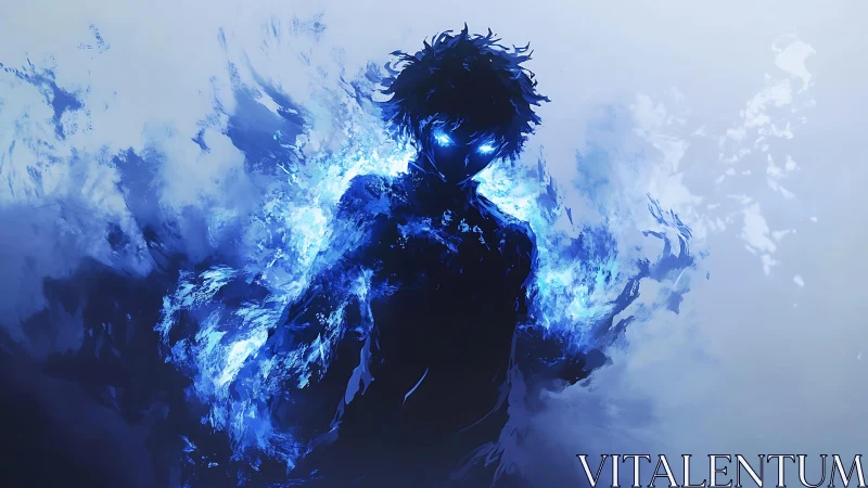 Silhouetted humanoid figure with blue energy aura in mist.