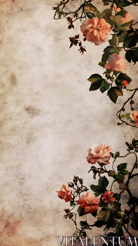 Botanical vignette on distressed parchment ground with roses.