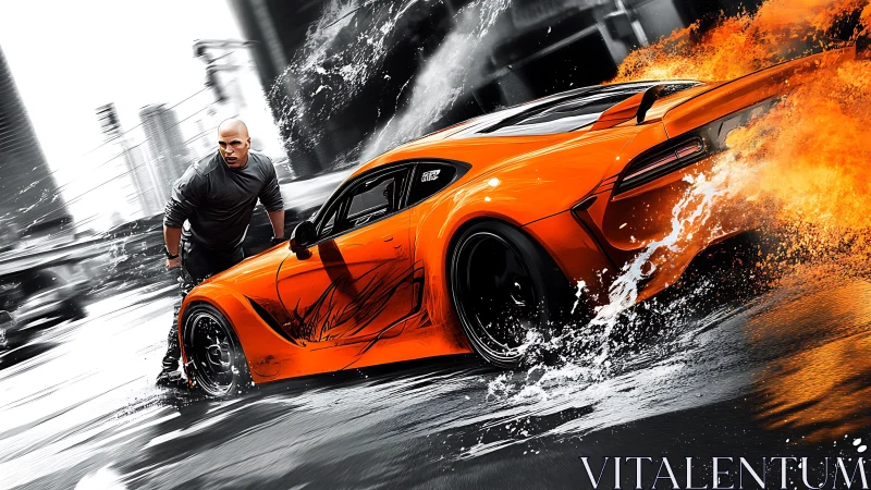 Orange widebody sports coupe drifting through wet city flames