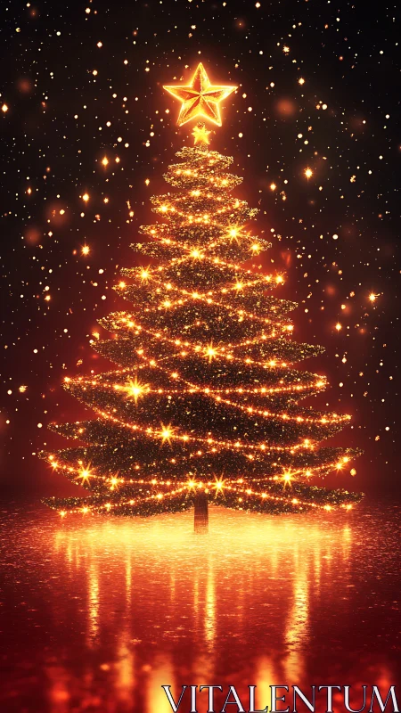Glowing Christmas tree radiates warm golden holiday light.